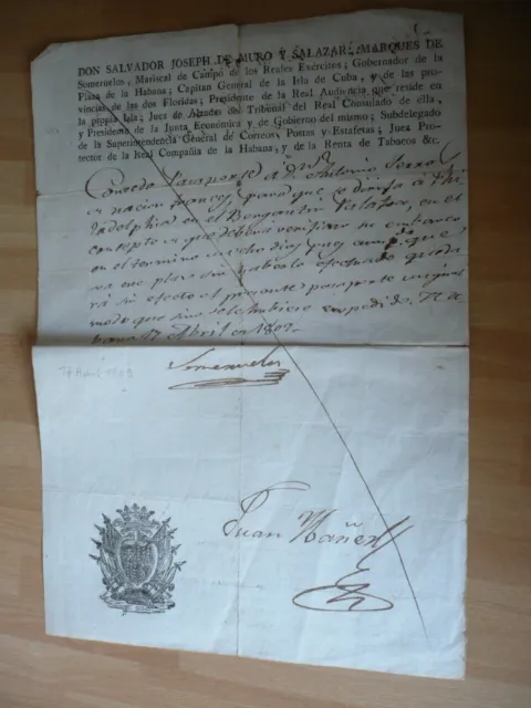 Cuba Manuscript Document 1809 Rare