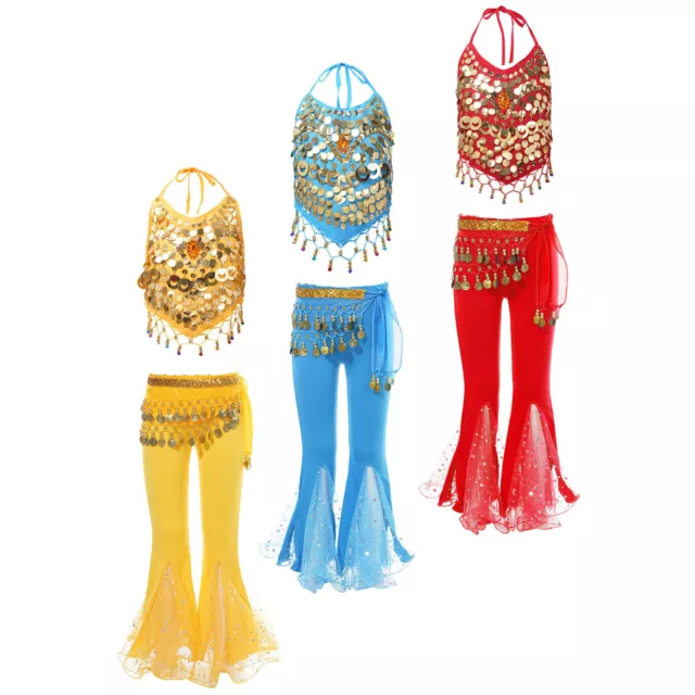 Girls Belly Dance Costume 3Pcs Set Lace-up Outfit Halter Flared Pants Kids