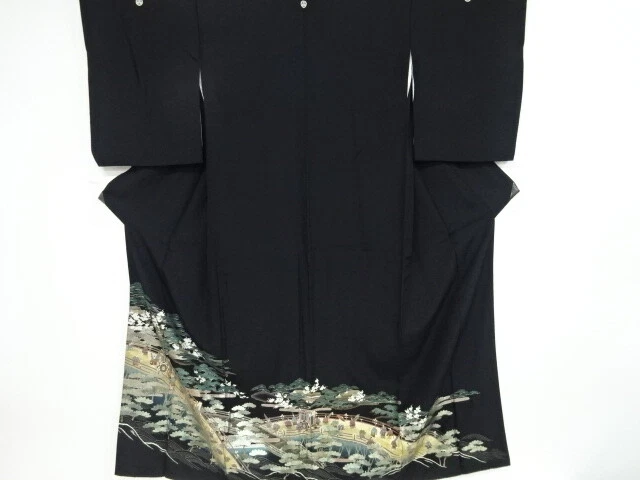 82530# Japanese Kimono / Tomesode / Carriage With People In The Past