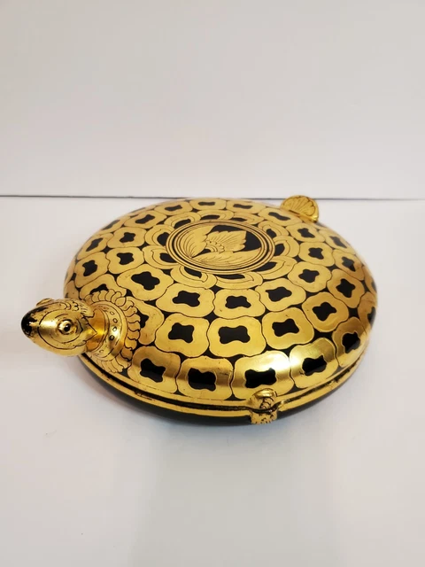 Vintage Burmese Black Gold Lacquerware Turtle Container with Lid (2 pieces)