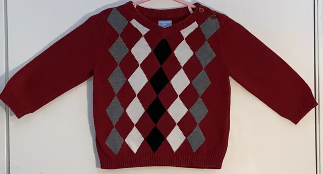 The Children's Place Baby Boy 9/12M Sweater V-Neck Red Argyle Front Pullover EUC