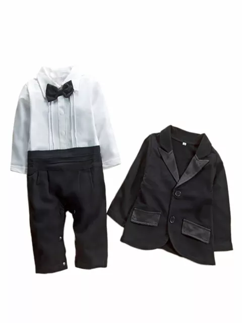 Newborn Infant Baby Boys Tuxedo Bow Tie Jumpsuit Romper and Black Jacket 2-pc Fo