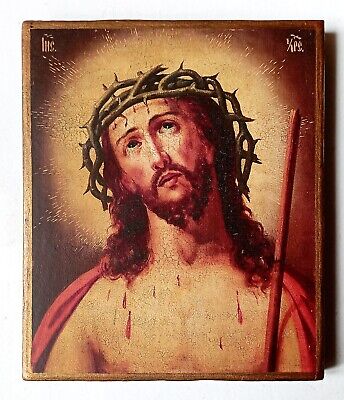 Icono Cristiano Jesucristo en una Corona de Espinas, Hecho a Mano, Tablero de Madera 17x14cm
