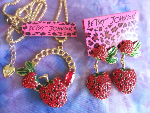 Betsey Johnson Lovely Red  Crystal Strawberry Dangle Earrings & Pendant Nwt