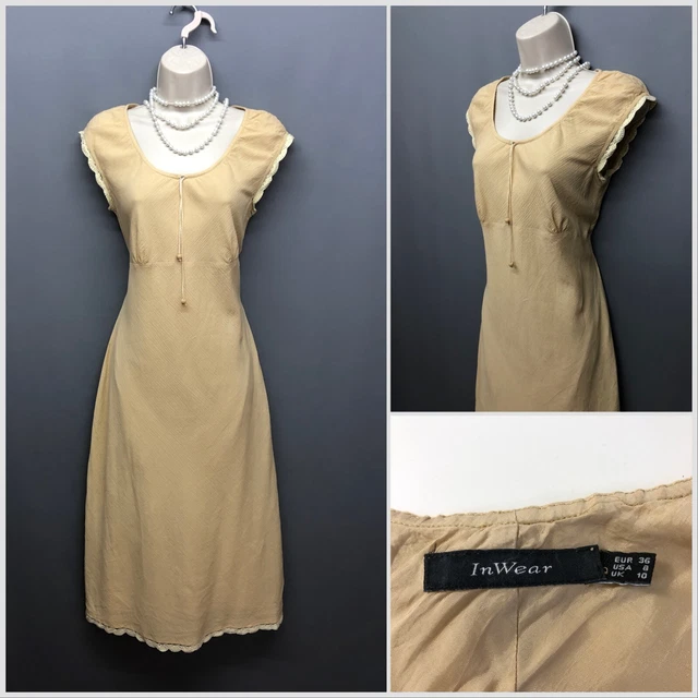 IN WEAR Camel Sleeveless Cotton Dress UK 10 EUR 36 US 8 Lace Trim