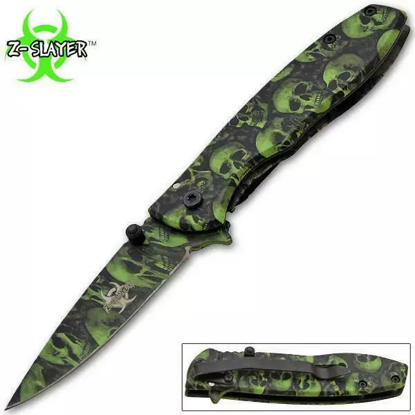 7" Spring Assisted Open Folding Pocket Knife Green with Skulls on Blade & Handle