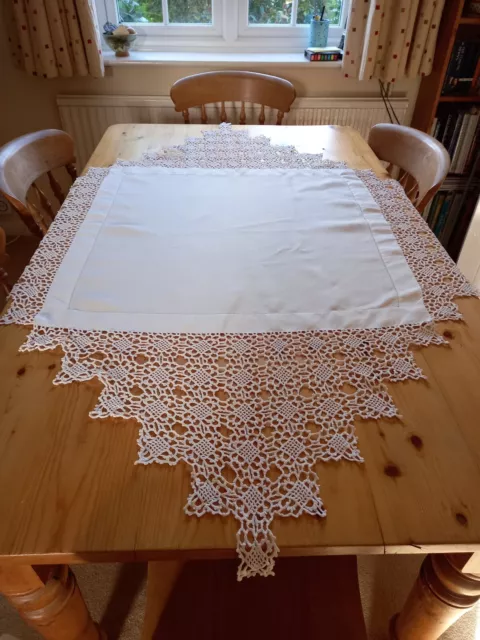 Vintage handmade square white linen tablecloth, with deep crochet lace edge