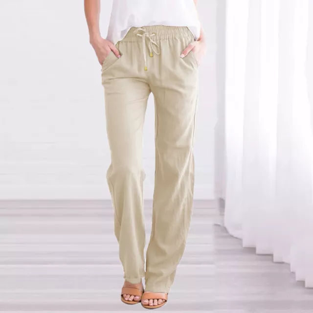 Womens Cotton Linen Elastic Waist Pants Ladies Casual Straight Leg Long Trousers