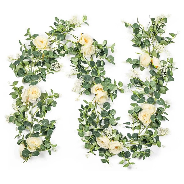 Guirlande Eucalyptus Artificiel Avec Fleurs – 2 X 1,8 M, Décor Mariage, Mur, Table