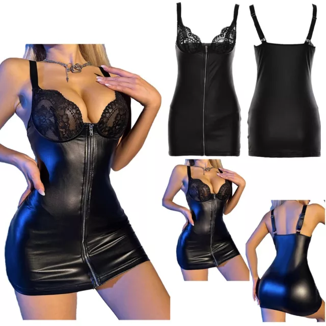 Womens PU Leather Dress Deep V Neck Zipper Mini Dress Wet Look Lace Bodycon Club 2