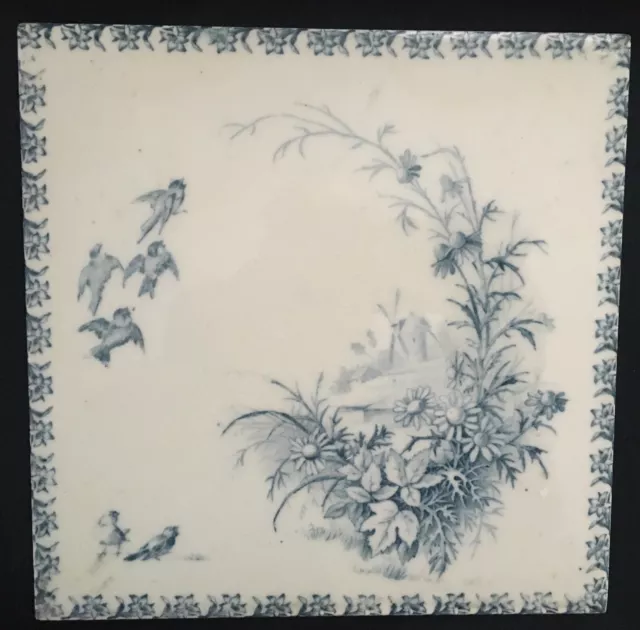 ° R!R!R! Art Nouveau Deco Tile GIEN Bluetits flying birds windmill with flowers