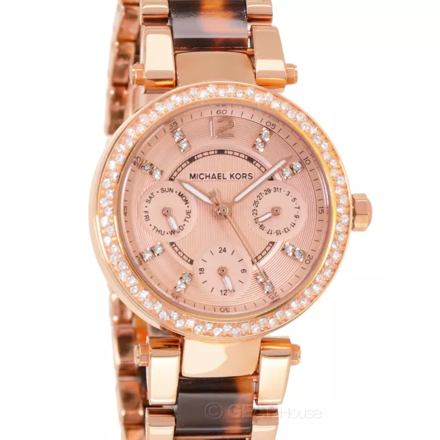 MICHAEL KORS Womens Mini Parker Watch Crystals Rose Gold Dial Faux Tortoise Band