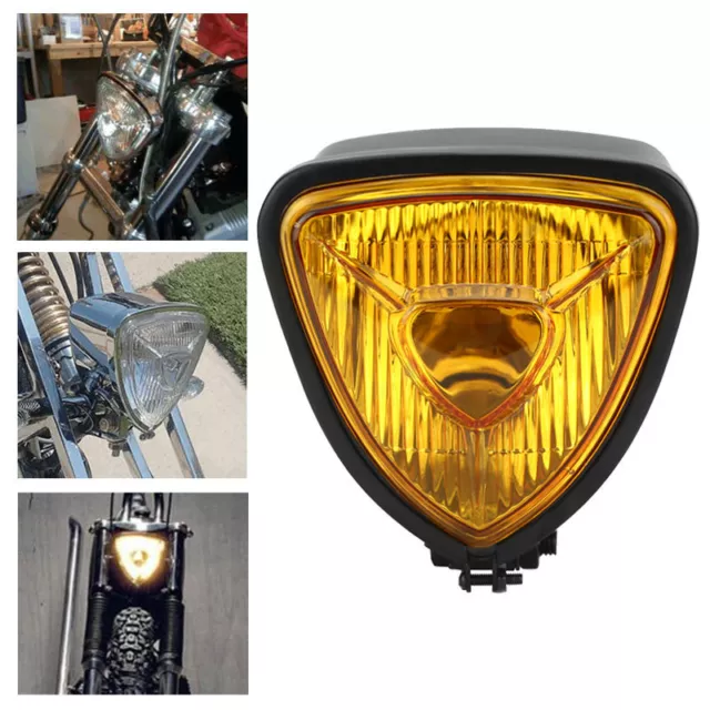 Amber Triangle Black Motorcycle Headlight Lamp Cafe Racer Chopper Bobber Custom