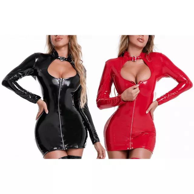 Abito da donna wet look bodycon pelle verniciata keyhole maniche lunghe cerniera mini abito club