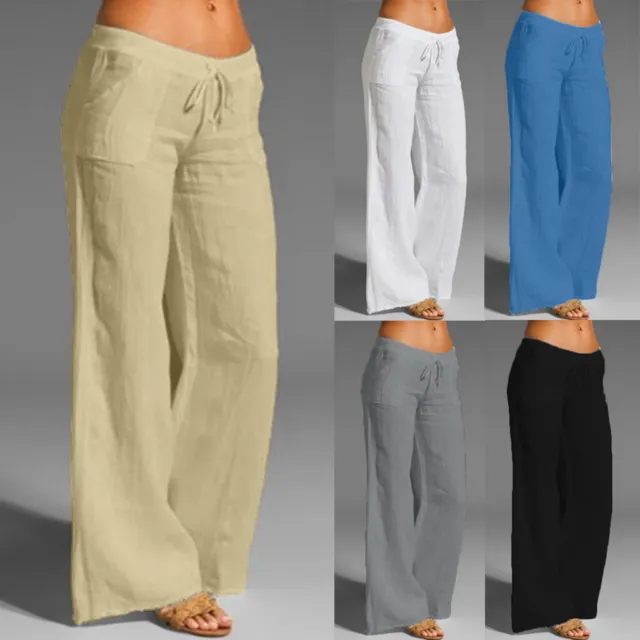 Women Casual Solid Cotton Linen Elastic Waist Drawstring Long Wide Leg Pants