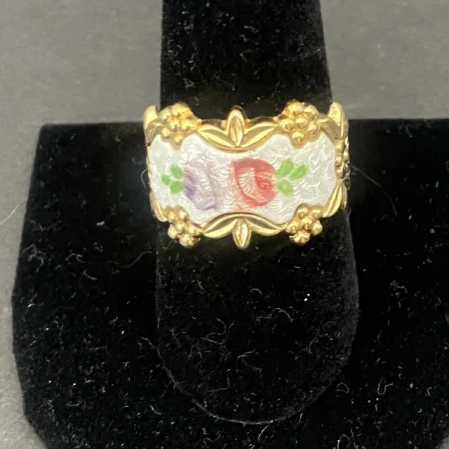 Gold Antique Victorian Style Enamel Roses Ring by Park Lane US sz 9 Unworn Rare
