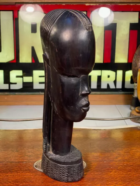 Large Vintage Hand Carved Ebony Wood African Tribal Woman Head Figurine