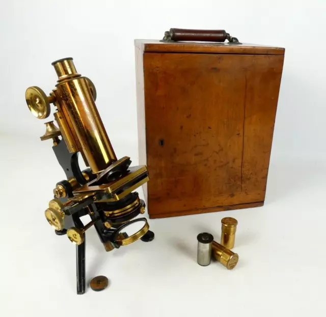 Vintage W Watson & Sons Ltd brass microscope with case c1910  #4209