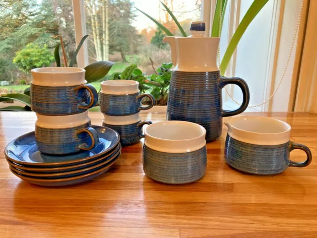 Denby Chatsworth coffee set: 4 cups & saucers, sugar bowl, jug and coffee pot