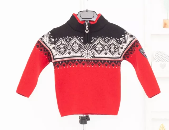 DALE OF NORWAY Kids Sweater Fair Isle Zip Neck Jumper 100% Wool Red/Black 2 Yrs