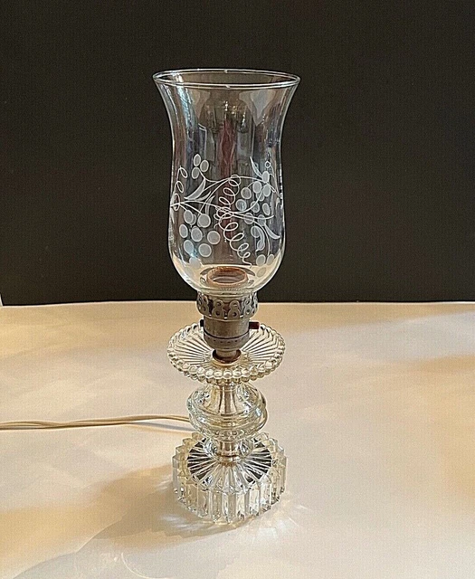 Old Vintage Hurricane Crystal BOUDOIR Parlor Lamp Etched Glass Shade 13” Tested