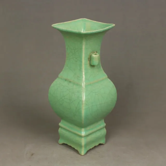 Chinese Song Chai Kiln Green Glaze Porcelain Binaural Shape Vase 6.90 inch