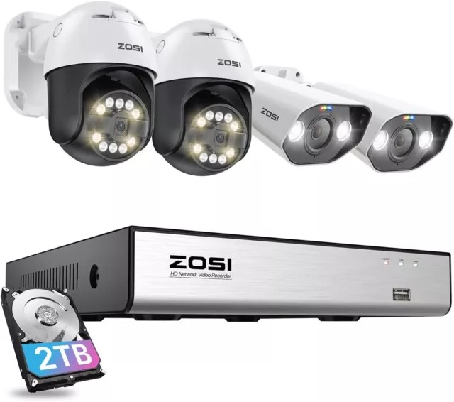 ZOSI 4K Kit de Cámara de Vigilancia PoE 8CH 4K NVR 5MP Cámara PT y Bala 2TB HDD