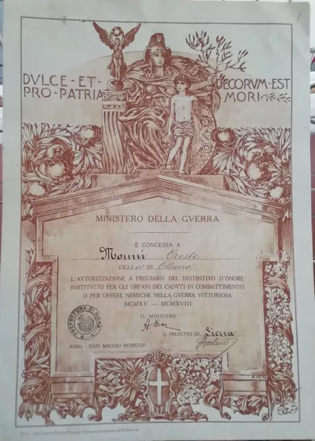 Attestato Distintivo D'onore Orfani Caduti I Guerra Combattimento Diploma Siena