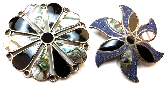 Mexico Signed Sterling Vintage Nice Quality 2 Really Nice 1  1/2" Inlay Pins