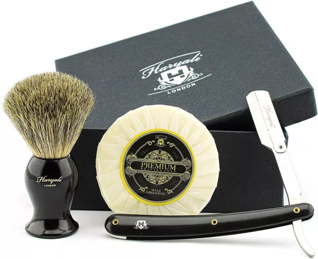 3 Pcs Shaving Kit Cut Throat Razor Super Badger Shaving Brush Set Shaving Soap