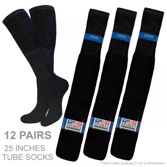 12 Pk 25 Inch Long Tube Socks Cotton Solid Black Big And Tall Old School Socks