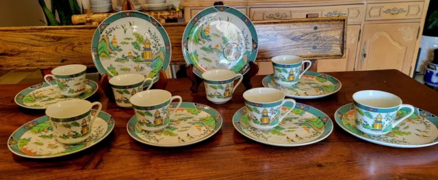 Chinese Garden Tea Cup And Saucer 8 Snack Set 16 Pc Blue Willow Japan Painted!