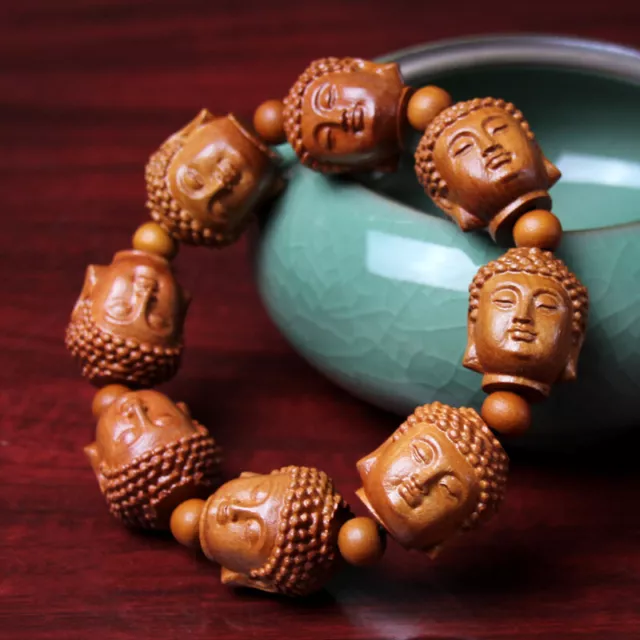 Chinese Wood Carving Buddha Head Prayer Beads Bracelet Sculpture Hand Strings