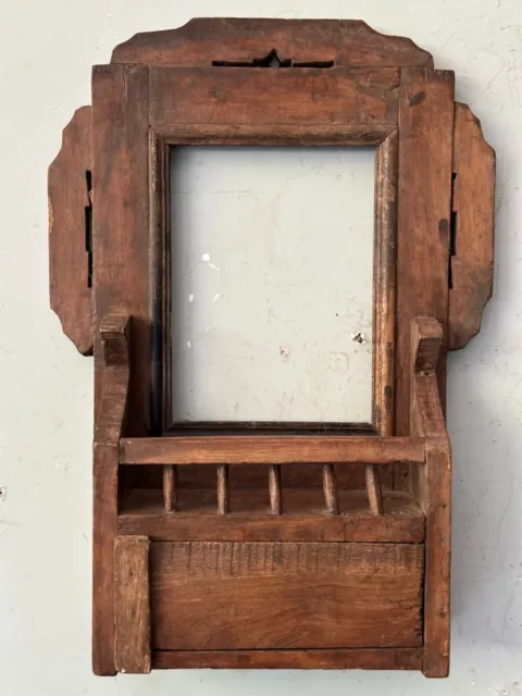 Old Vintage Hand Made Wooden Bathroom Wall Hanging Dressing Mirror Frame