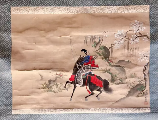 Antique Chinese Vertical Scroll painting Mountainous Landscape man on horseback