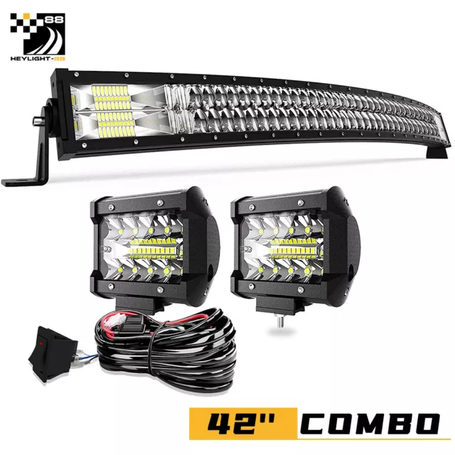 Bumper 40" Curved LED Light Bar Driving +2x 4" Pods, Wiring For Ford Raptor 17-