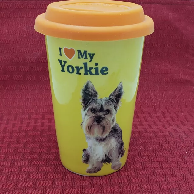 Ceramic Travel Mug I Love My Yorkie 5.5" with Lid  Yellow and Orange Big Heart