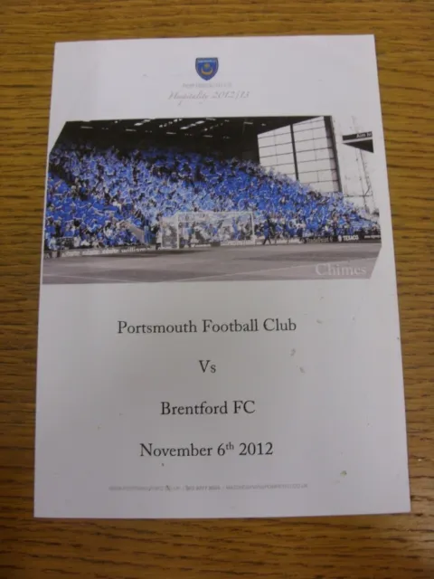06/11/2012 Portsmouth v Brentford - Chimes Matchday Menu, Colour Four Pages (sli