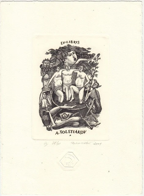 Bookshelves bookplate etching Alexander Durandin men's file cellars Nu Diable
