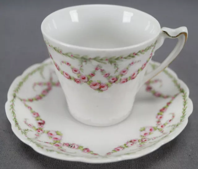 Krister Porzellan KPM Pink Rose Garlands Demitasse Cup & Saucer Circa 1904-1927