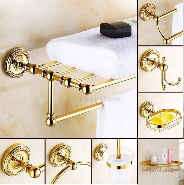 Polished Gold Paper Holder Shower Basket Bath Soap Dish Robe Hook Towel Rack Set