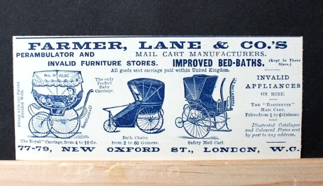 1895 Print Advert 'FARMER, LANE & CO., PRAMS & INVALID FURNITURE' 5" x 2.25"