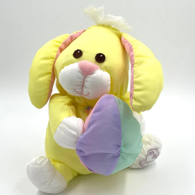 Vtg Fisher Price Puffalumps Easter Rabbit Bunny Plush Yellow 1988 Holding Egg