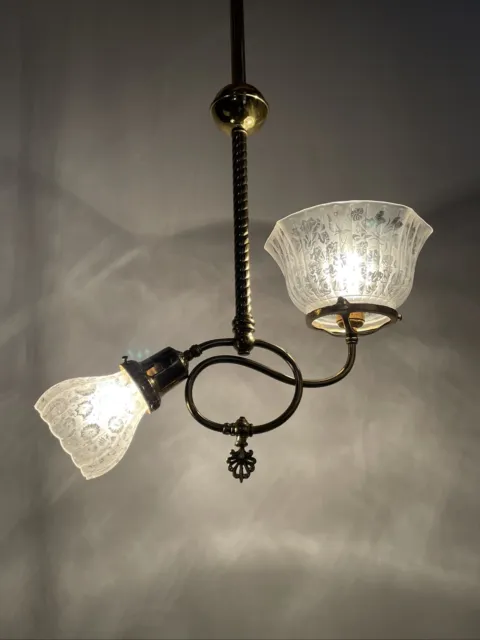Antique Victorian Brass Pendant Light Converted Gas Gasolier Arts & Crafts Deco
