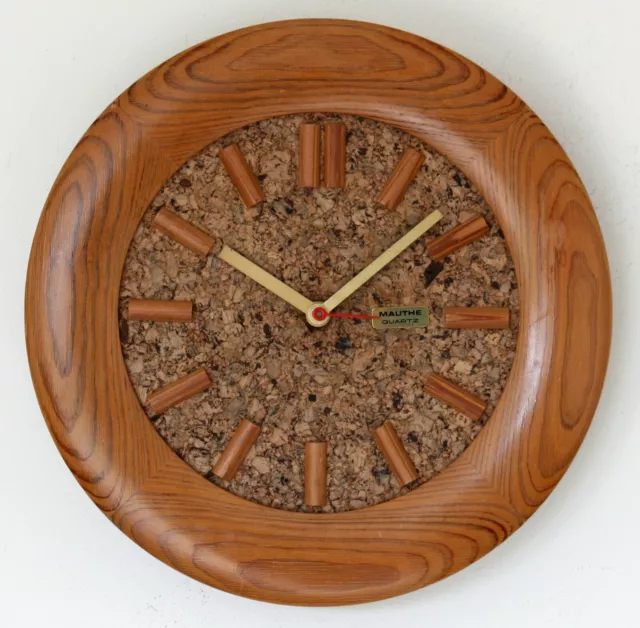 Vintage 28cm Mauthe Wall Clock - Wooden Cork Retro Mid Century German 1970s Gift