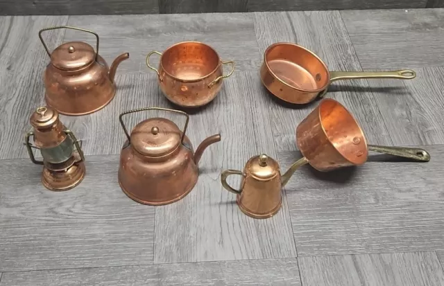 Vintage Lot of Metal Copper Brass Dollhouse Miniatures  Pot Pans Teapots Lamp