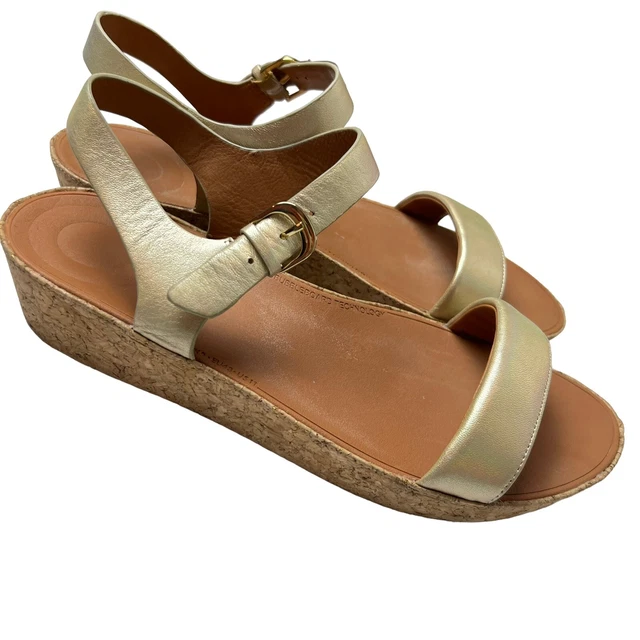 FITFLOP Gold Leather Open Toe Ankle Strap Sandal Size US 11 EUR 43 Cork Platform