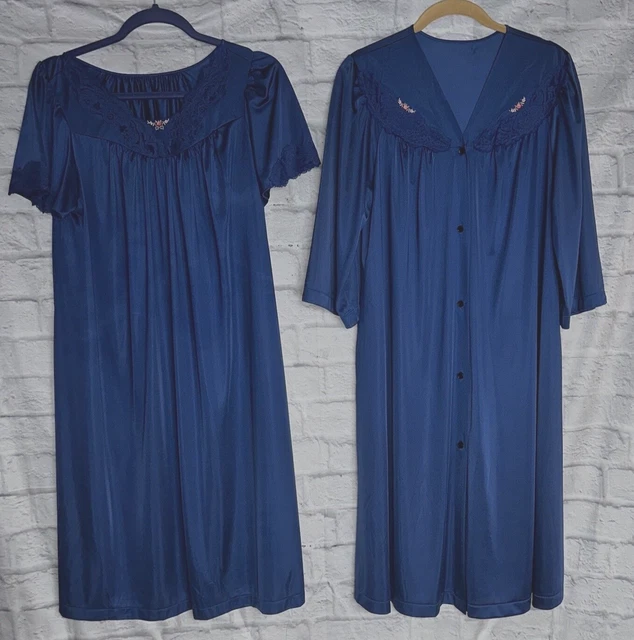 VINTAGE SHADOWLINE NIGHTGOWN and Robe Navy Blue Lace Embroidery Set