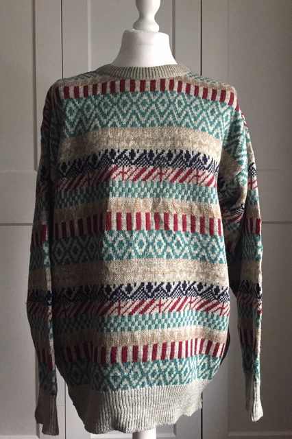 Boston Traders Vintage Jumper Size XL Grey Multi 100% Wool Long Sleeves Sweater