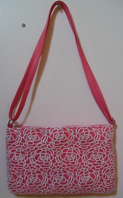 Girls On The Verge Peach Coral White Floral Lace Sequin Overlay Purse